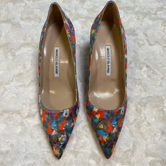 Manolo Blahnik Multicolor Floral Print Satin Pointed Toe Pumps Heels Size 39.5 - Picture 5 of 16